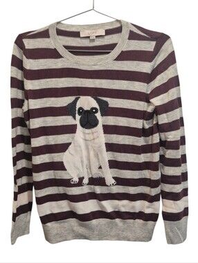 Loft Size Small Pug Dog Sweater Intarsia Striped Burgundy Knit Crew Neck